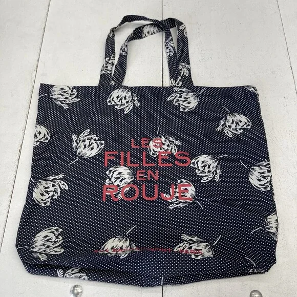 Les Filles En Rouje Navy Blue Polka Dot Floral Cotton Reusable Shopper Tote Bag - Picture 6 of 6